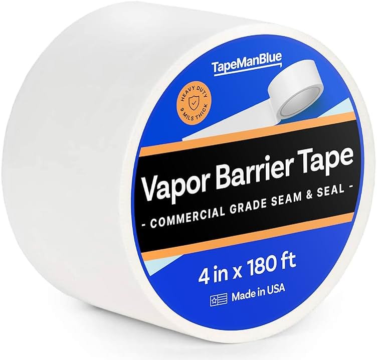 Vapor Barrier Tape - 4 inch x 180' Roll, Made in USA, White Polyethylene Tape for Crawl Spaces & Moisture Barriers, Waterproof Seal & Seam Tape for Underlayment, Insulation, and Plastic Liners - Product Image