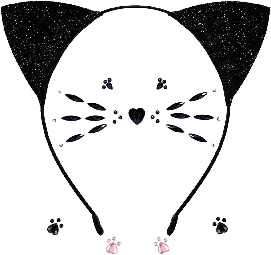 DDazzling Glitter Cat Ears Headband with Face Jewel Accessories for Halloween Animal Cosplay (Black, One Size) - Product Image