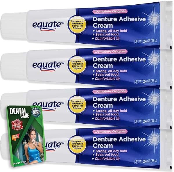 Equate Denture Adhesive Cream 2.4 OZ (68 g) 4 Pack and Vital Volumes Dental Care Tips Card - Bundle - Product Image