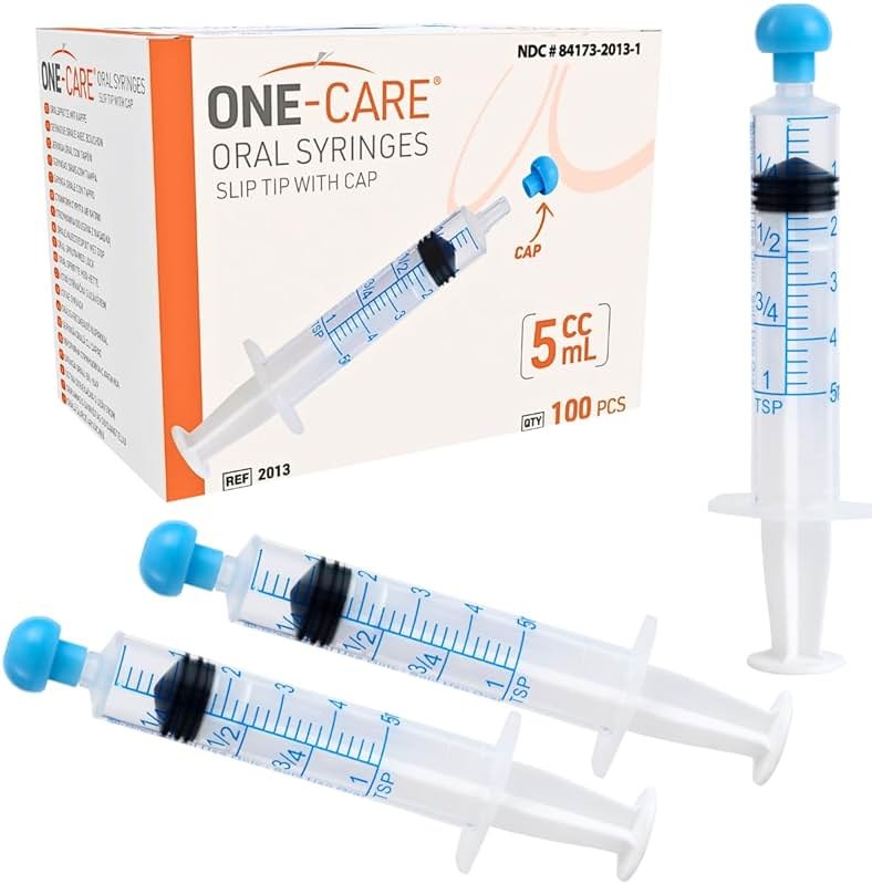 ONE-CARE 5ml Oral Syringe with Cap - Sterile, Individually Wrapped - 100 Syringes, Slip Tip, Uses include oral administration of medicine for infants, adults and animals - Product Image