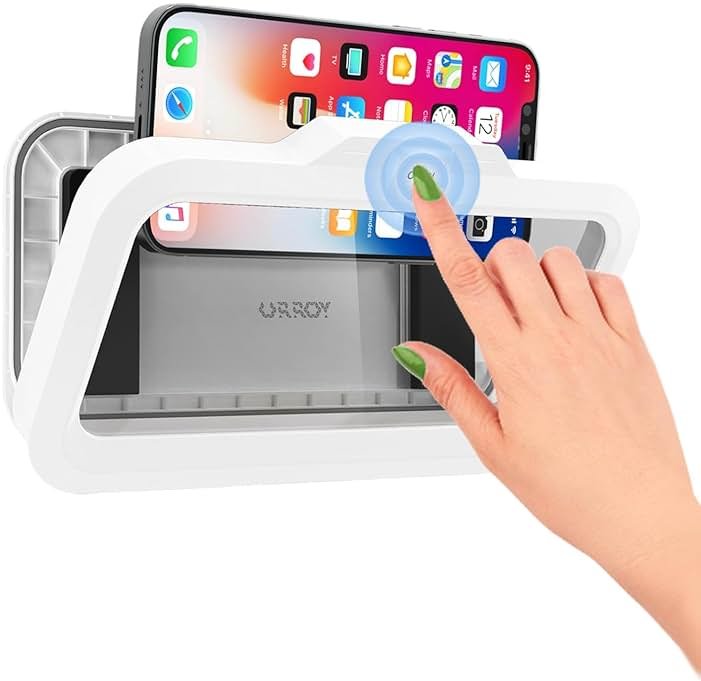 URROY Shower Phone Holder Waterproof One-Touch Open Shower Phone Case Anti-Fog & Sensitive Touchscreen Bathroom Wall Phone Mount Stand Universal Fit for iPhone & Smartphones Gift for Men Women White - Product Image