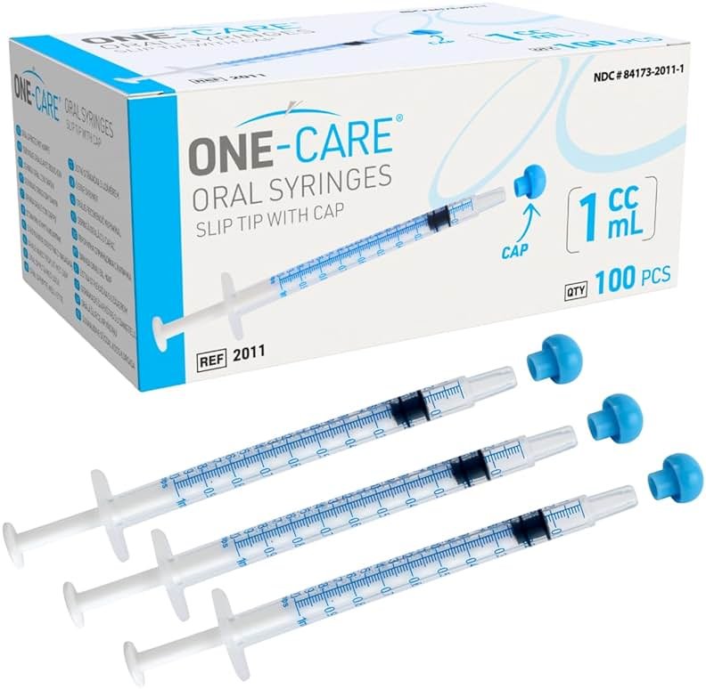 ONE-CARE 1ml Oral Syringe with Cap - Sterile, Individually Wrapped - 100 Dispensers, Slip Tip, Uses include oral administration of medicine for infants, adults and animals - Product Image