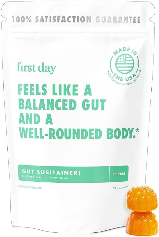 FIRST DAY Teens’ Gut Sustainer Tribiotic Gummies – 3-in-1 Prebiotic, Probiotic & Postbiotic Supplement – Supports Digestive, Skin, Oral & Immune Health, Nutrient Absorption & Growth – 30-Day Supply - Product Image