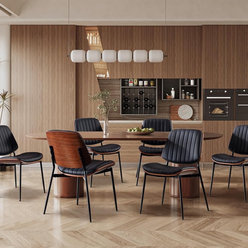 SOARMOTE Dining Chairs Set of 6, Upholstered Mid-Century Modern Dining Room and Kitchen Chairs with Walnut Backrest,Retro Accent PU Leather Side Chairs with Metal Legs,Black - Product Image
