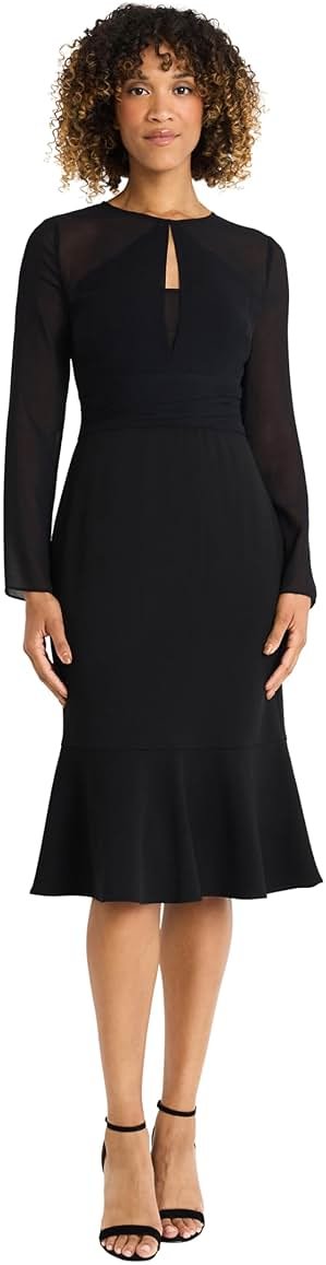 Maggy London Women's Women's Long Sleeve Midi Dress - Sheer Sleeves Keyhole Neckline Ruched Bodice - Elegant Formal Dresses - Product Image