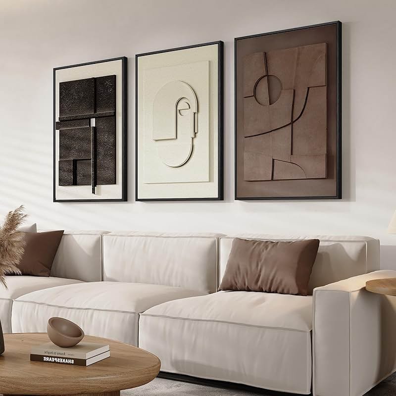3D Textured Framed Abstract Wall Art, 3 Piece Modern Paintings Artwork for Walls, Black White Brown Geometric Sandstone Texture Pictures for Living Room Dining Room Bedroom Office Wall Decor 16x24 In - Product Image