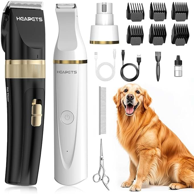 HEAPETS Dog Hair Clippers for Grooming Kit and Dog Paw Trimmer Nail Grinder for Grooming, Low Noise Rechargeable Cordless, Shaver Grooming Supplies for Pet Cats Dogs (Black, White) - Product Image