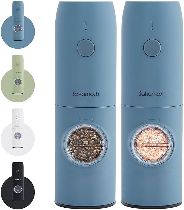 SAKAMOSH Electric Salt and Pepper Grinder Set, Rechargeable,Adjustable Coarseness with LED Light, Electric Salt and Pepper Shakers Refillable(2 Packs, Blue) - Product Image