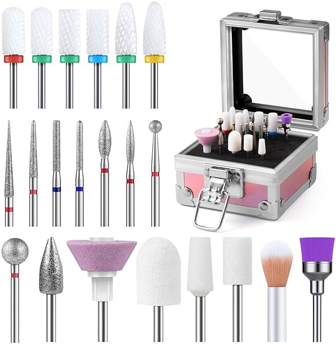 MelodySusie 21pcs Nail Drill Bit Set with Portable Holder Case, 3/32'' Ceramic Diamond Carbide Acrylic Gel Nail Art Tool Kit, Cuticle Remover Bit for Acrylic Dip Powder, Manicure Pedicure, Salon Home - Product Image