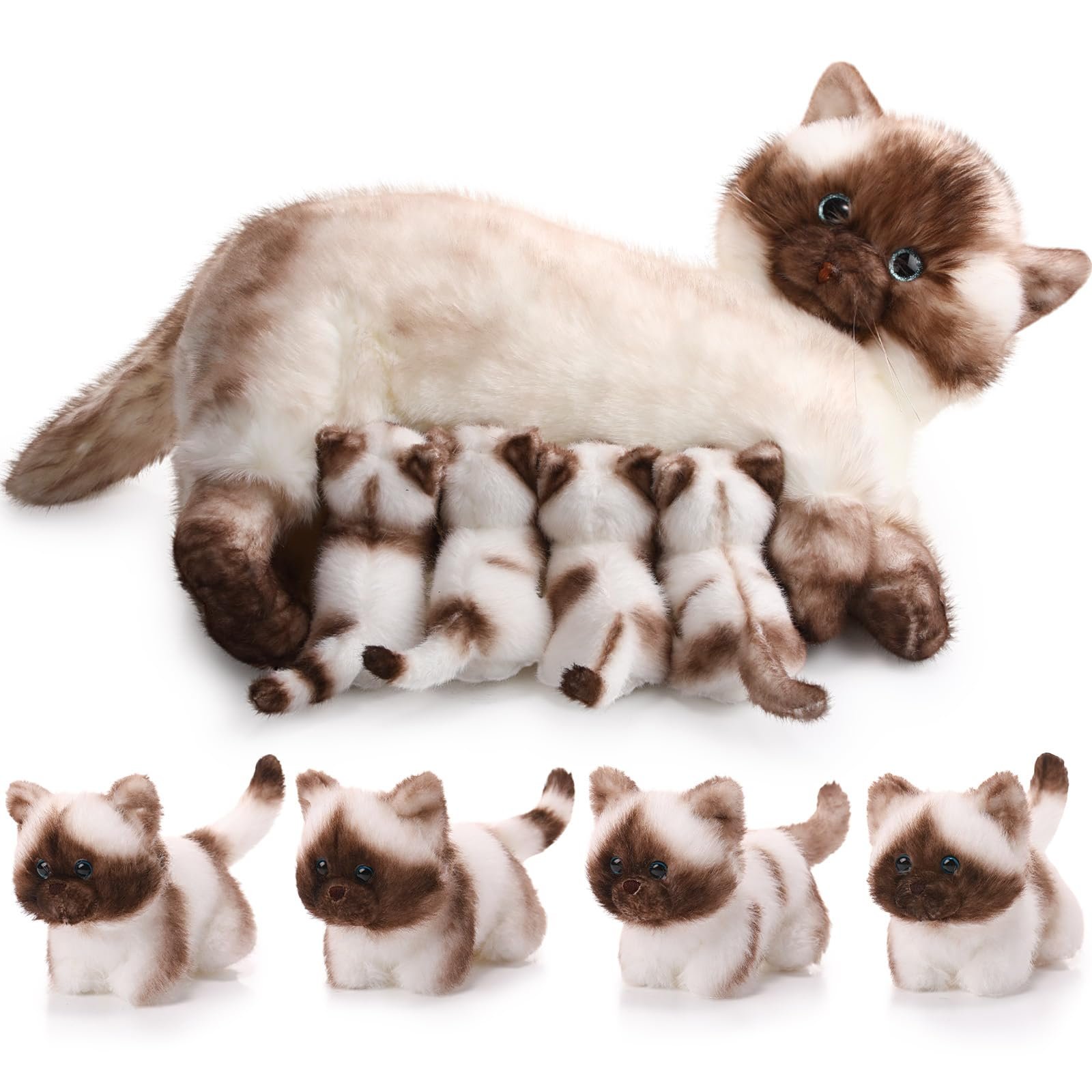Skylety Nurturing Siamese Cat Stuffed Animal with 4 Baby Kittens, Cat Baby Stuffed Animals Plushy Mommy Kitty with Plush Kittens for Birthday Party Favors Gifts - Product Image