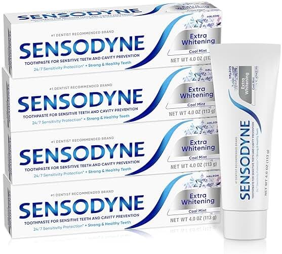 Sensodyne Extra Whitening Sensitive Teeth and Cavity Prevention Whitening Toothpaste, Amazon Exclusive, Cool Mint, Amazon Exclusive- 4 Ounces (Pack of 4) - Product Image