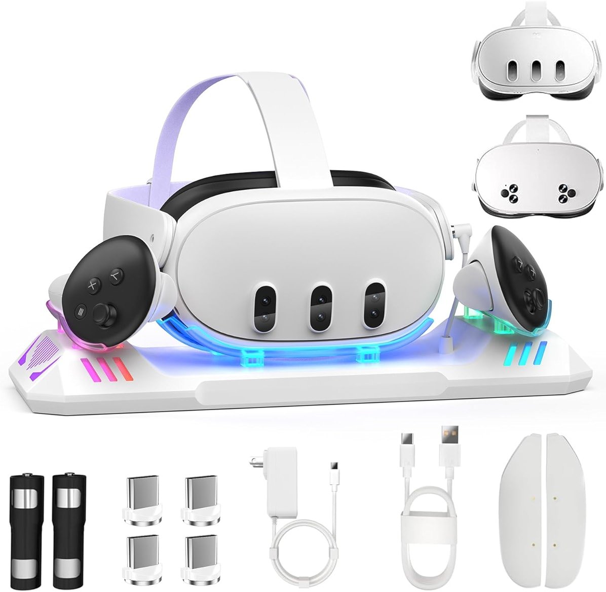 Charging Dock for Meta Quest 3S/Quest 3, Magnetic Charging Station for Oculus Quest 3 VR Headset & Controllers, with 2 Rechargeable 2100mAh Batteries, USB-C Charger and Cable, Supports LED Indicator - Product Image
