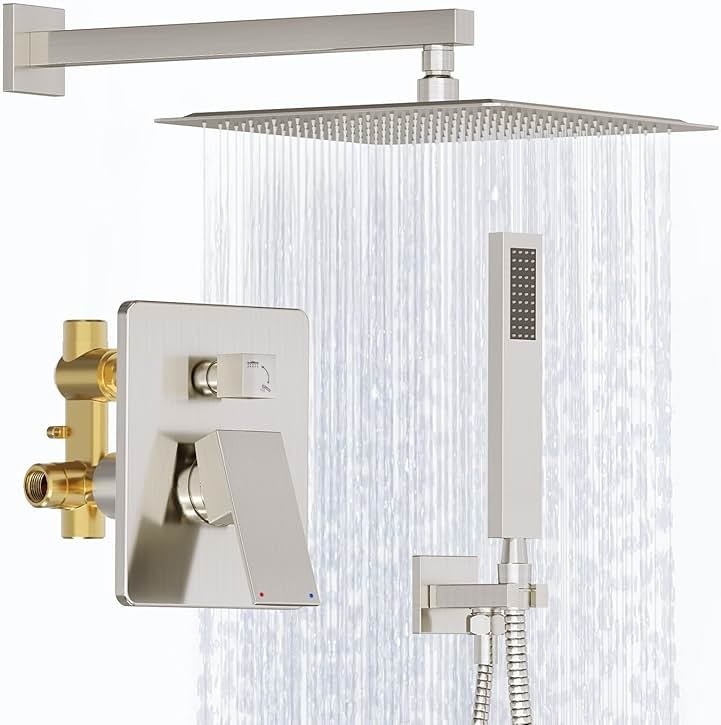 Kurpot Shower System, 12 Inch Bathroom Shower Faucet Set, Brushed Nickel Shower Head and Handle Set, Shower Faucet with Valve and Shower Trim Kit, High Pressure Rain Shower Head Set, Wall Mounted - Product Image