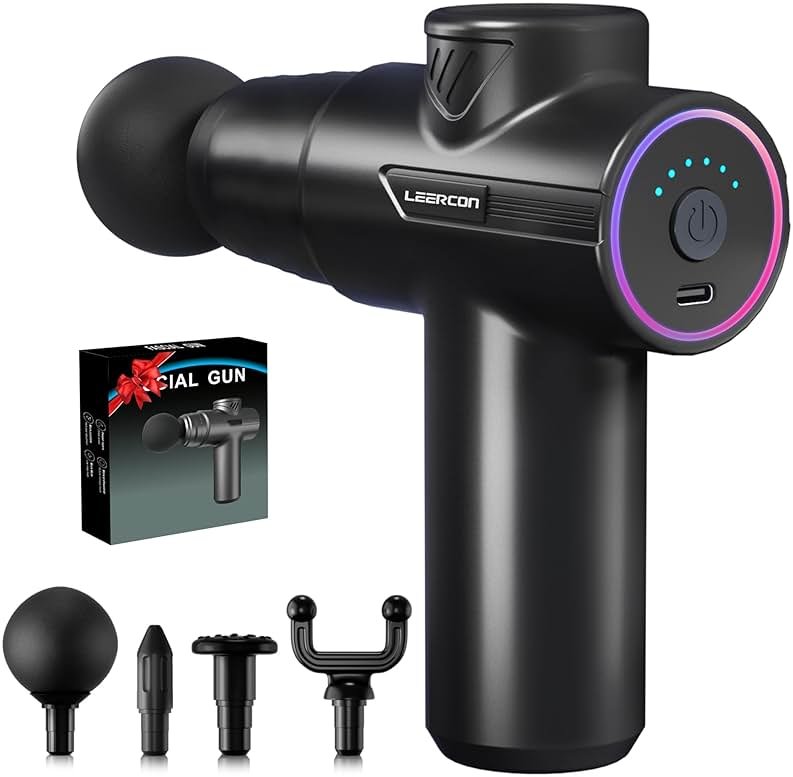 LEERCON Mini Massage Gun for Deep Tissue Pain Relief, Handheld Portable Percussion Muscle Massager with 6 Speeds & 4 Heads, Fascial Gun for Gym, Office & Travel - Gift for Dad, Mom, Athletes - Product Image