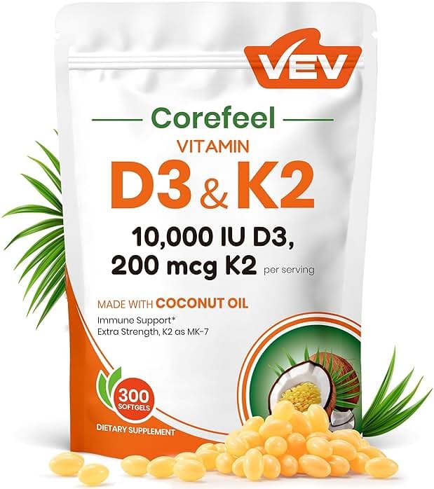 VEV Corefeel Vitamin D3 K2 10,000 IU, 200 mcg MK-7, 300 Coconut Oil Softgels, 2 in 1 Vitamins Supplement D & K (Include MK7), Easy to Swallow, Supports Calcium Absorption, Bone Health - Product Image