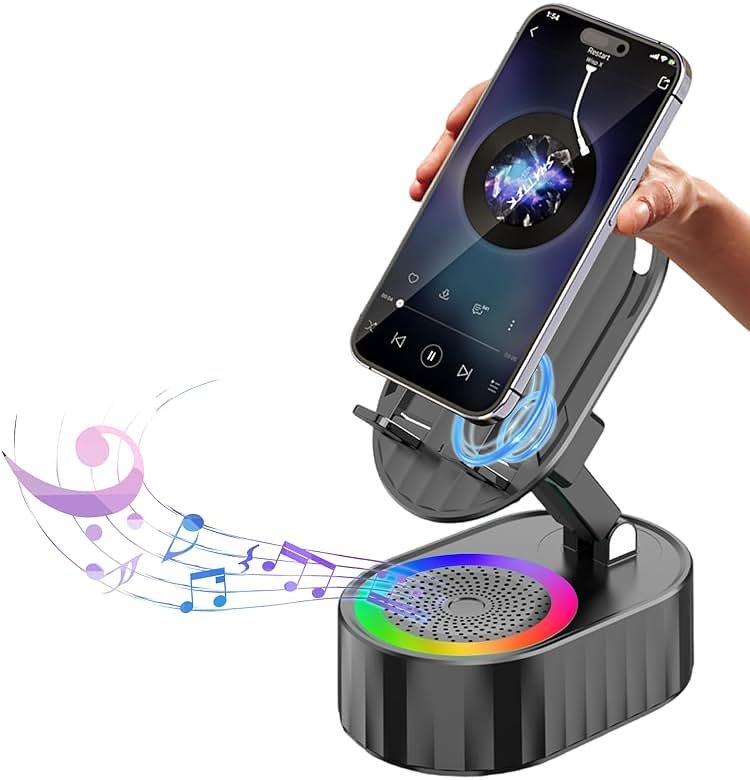 AKLLCCR Wireless Induction Audio Bluetooth Speaker 5in1 Phone Holder Emergency Rechargeable (3000mAh) with Colorful Ambient Light 300° Foldable for Tablet iPhone Android, Gifts for Men Women (Black) - Product Image