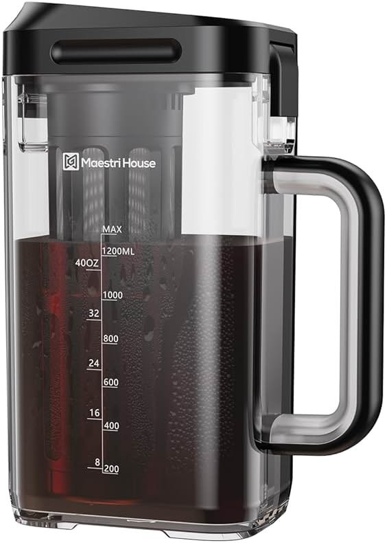 Maestri House Compact Cold Brew Coffee Maker, 40oz Iced Tea and Coffee Maker Brewer Space Saving Tritan Pitcher, 350 Mesh Filter, 100% Leak-Proof - Product Image