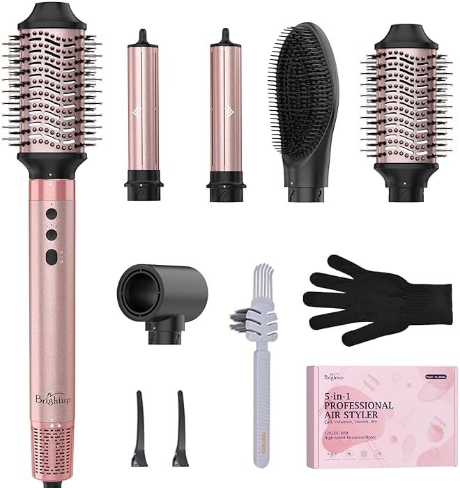 Brightup 5 in 1 Air Styler, 1400W High Speed Hair Dryer Brush, Professional Automatic Hair Curler with Cool Shot Button, 800 Million Ionic, No Heat Damage, with Travel Bag - Product Image