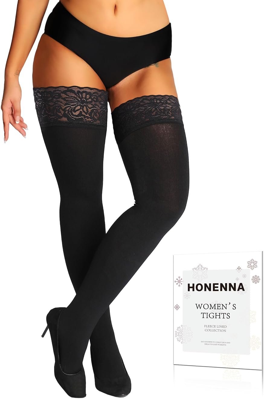 HONENNA Fleece Lined Thigh High Stockings, Stay Up Lace Top Opaque Winter Warm Tights for Women, medias térmicas mujer - Product Image