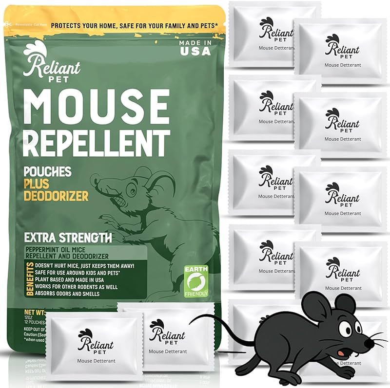 Reliant Pet Mouse Repellent Pouches - Rodent Repellent Made in USA (12 Pouches) - Keep Rodents Out of Cars Engines - Mice Repellent Indoor and Outdoor - Mouse Deterrents that Work with Peppermint Oil - Product Image