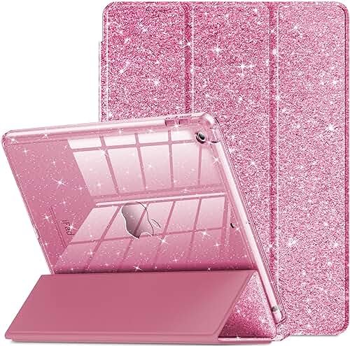 INFILAND for iPad 9th/8th/7th Generation Case 2021/2020/2019 10.2 inch, Glitter Slim Protective Cover with Clear Back, Pencil Holder for Kids Girls for iPad 7/8/9 Gen, Pink - Product Image