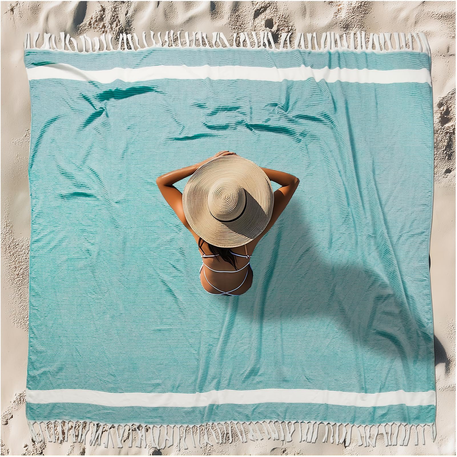 Oversized Turkish Beach Towel Blanket XXL Cotton Sandproof Towels Boho Woven Extra Large Big Sand Free Giant Throw Blankets Huge Quilt XL Picnic Camping Necessities Cloud For Adult Gifts Teal - Product Image