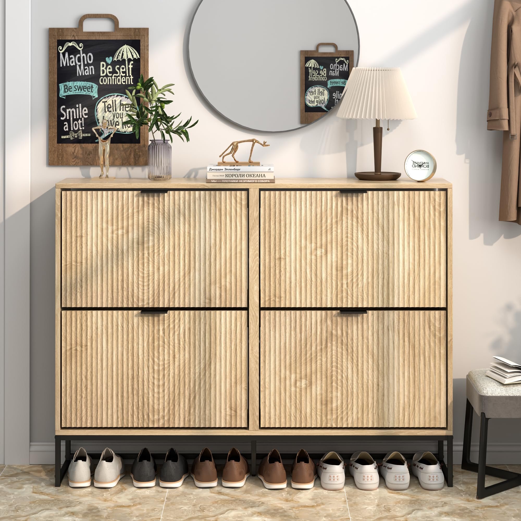 Jluomei Shoe Cabinet Storage for Entryway Slim Modern Shoe Rack Cabinet with 4 Flip Drawers Tipping Wooden Narrow Shoe Cabinet Freestanding Fluted Shoe Organizer for Living Room, Wood - Product Image