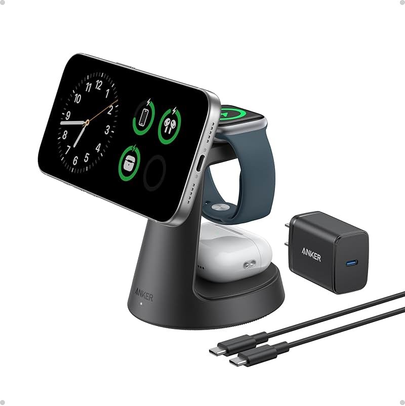Anker MagSafe Charger Compatible, MagGo 3-in-1 Charging Station, Nano Charging Stand, Qi2 Certified 15W Magnetic Wireless Charger Dock, for iPhone 17/16/15/14, Apple Watch, AirPods (Adapter Included) - Product Image
