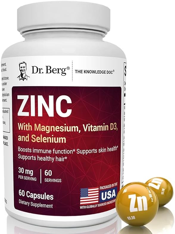 Dr. Berg Zinc 30 mg (60 Capsules) – High Potency 7-in-1 Immune Support Formula – Chelated Zinc with Vitamin D & Selenium for Healthy Skin, Hair & Daily Wellness – No Fillers, 4X Tested* - Product Image