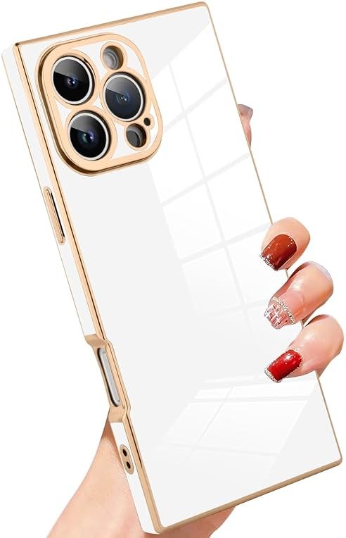 SAKUULO Case for iPhone 16 Pro Max Cute Plating Gold Case for Women Girls Soft TPU Shockproof Raised Full Camera Protection Electroplate Bumper Cover for iPhone 16 Pro Max 6.9"- White - Product Image