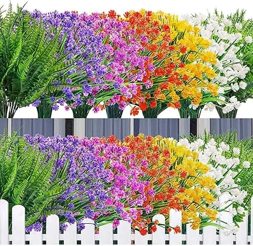 Der Rose 24 Bundles UV Resistant Artificial Flowers for Outdoors Faux Ferns Fake Plastic Flowers for Spring Home Garden Courtyard Patio Front Porch Decor - Product Image