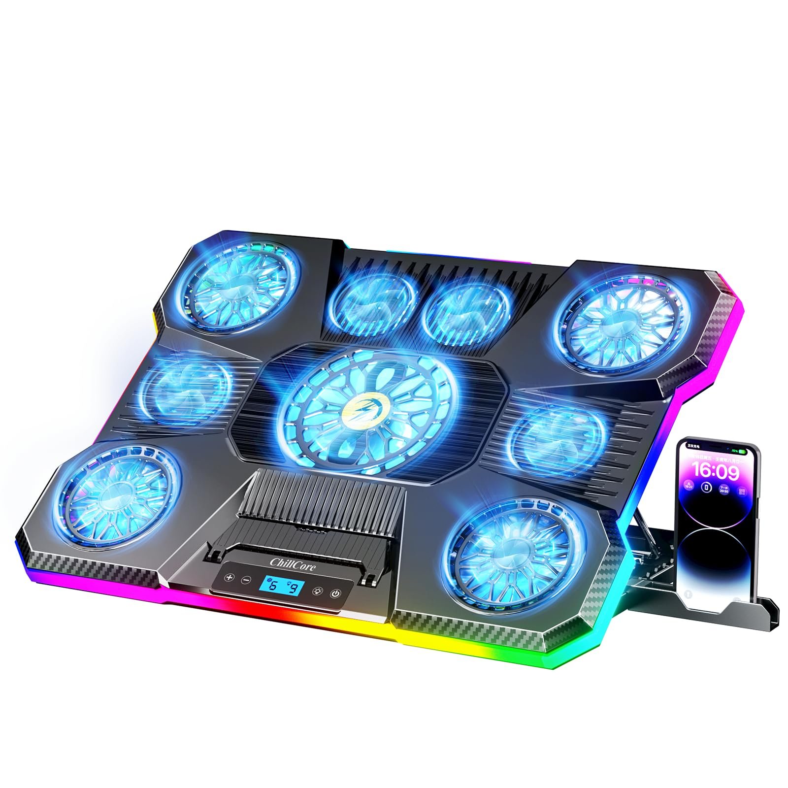ChillCore Laptop Cooling Pad, RGB Lights Laptop Cooler 9 Fans for 15.6-19.3 Inch Laptops, Gaming Laptop Fan Cooling Pad with 8 Height Stands, 2 USB Ports - A21 Blue - Product Image