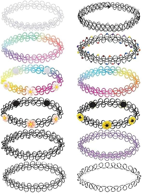 BodyJ4You 12PC Tattoo Choker Necklace for Women - 90s Choker Necklaces Y2K Fashion Trendy Vintage - Emo Black Choker Rainbow Pink White Purple Neon Green Blue Daisy Flower - Product Image