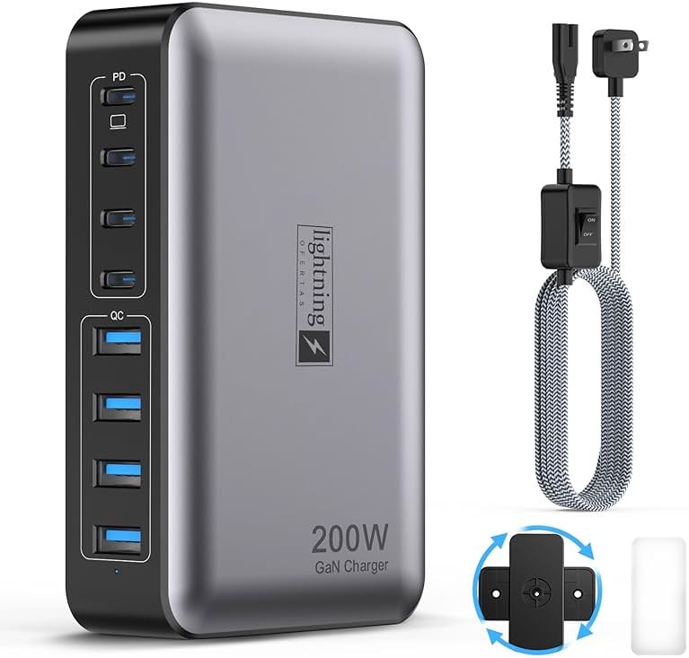USB C Fast Charger Block 200W, 8 Ports Charging Station for iPhone/Ipad/MacBook, 4C4A GaN Charger Box, Flat Plug Multi Chargers for All Devices 5ft Braided Power Cord with On/Off Switch - Product Image