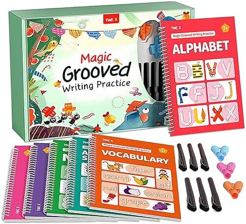 TIME X Magic Grooved Writing Practice Books, Reusable 3D Groove Handwriting Practice Workbooks for Kids Ages 3-8, Large Preschool Writing Books with Disappearing Ink for Kids 5-7 (Practice 6-Books) - Product Image