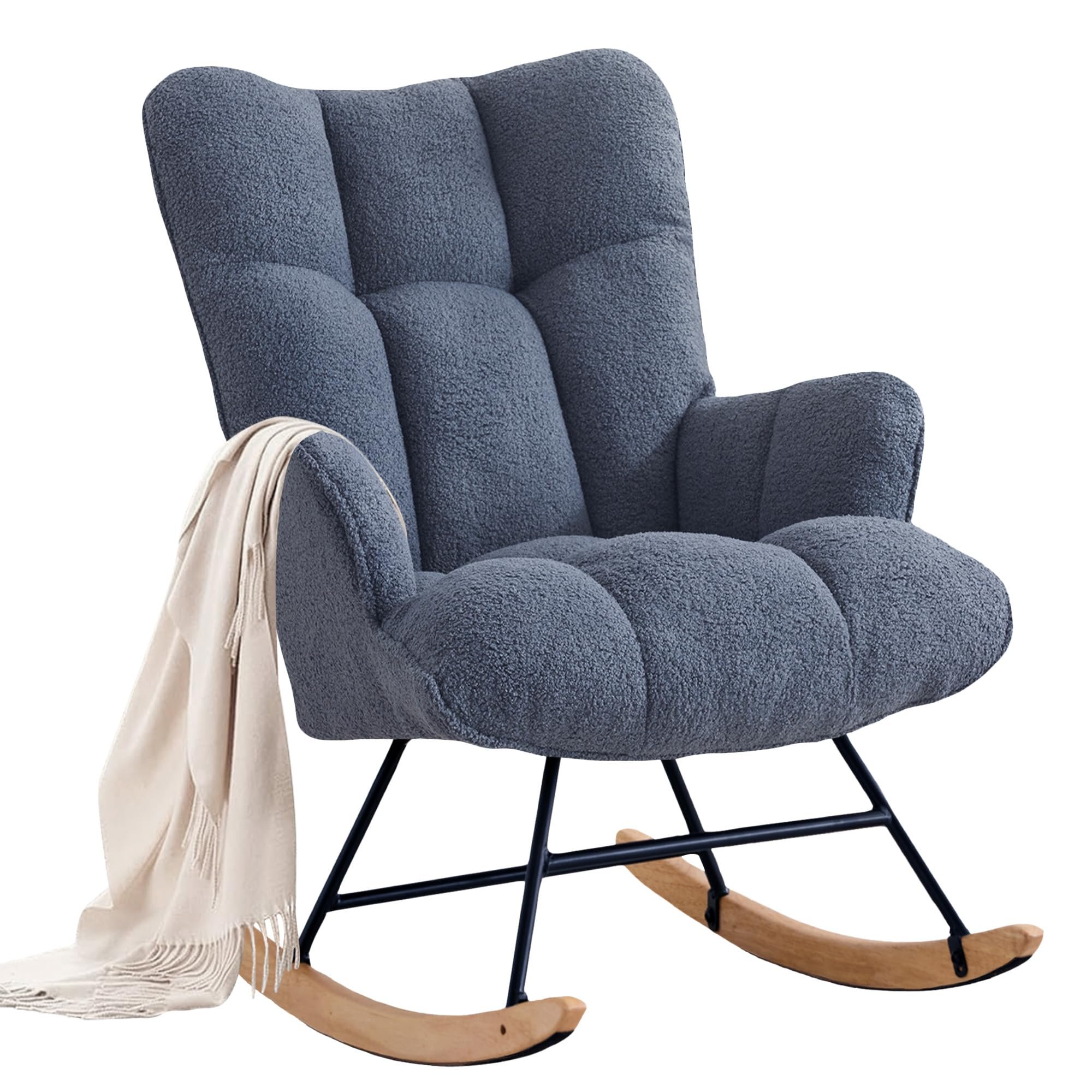 Zedachica Rocking Chair Nursery Teddy Upholstered Glider Rocker Rocking Accent Chair Padded Seat with High Backrest Armchair Comfy Side Chair for Living Room Bedroom Offices (Dark Blue Teddy) - Product Image