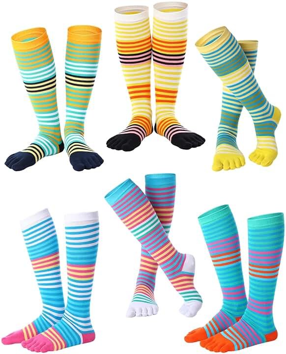 Bonuci 6 Pairs Rainbow Toe Socks Christmas Women Cotton Knee High Toe Sock Separated Striped Pride Long LGBT Sock - Product Image