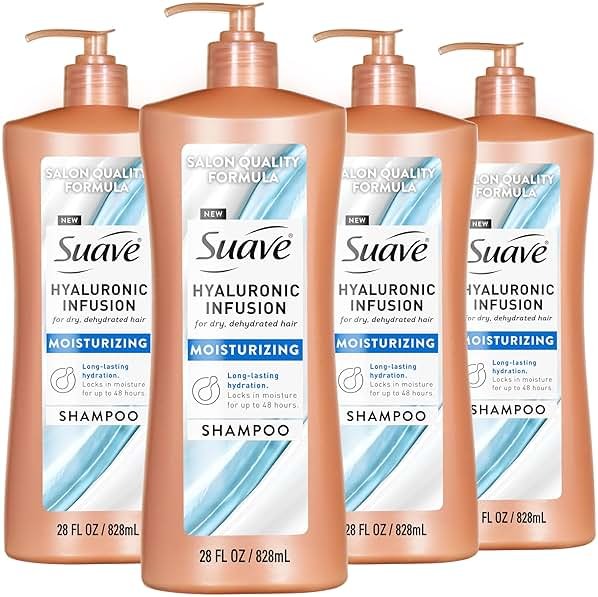 Suave Hyaluronic Infusion Moisturizing Shampoo, Long Lasting Hydration for Dry, Dehydrated Hair with Hyaluronic Acid, 28 oz Pump, 4 Pack - Product Image