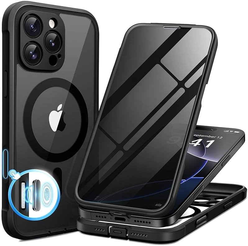 BERFY for iPhone 16 Pro Max Case, Compatible with MagSafe, Built-in Privacy Screen Protector, Camera Protection, Shockproof Full Body Phone Case 6.9", Clear Black - Product Image
