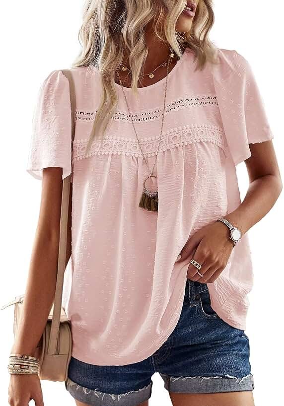 Falechay Womens Summer Tops Crewneck Short Sleeve Shirts Casual Chiffon Blouses Flowy Lace Hem Boho Clothing Trendy 2026 - Product Image