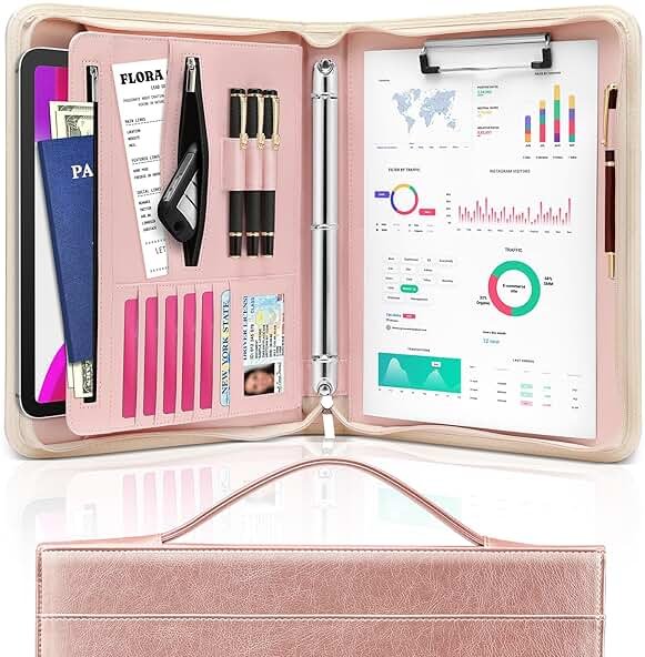 Padfolio Portfolio Organizer Binder with Zipper and Hidden Handle, PU Leather Portfolio Folder for Documents, Business Card Holder, Notepad Padfolio for Men&Women (Rose Gold) - Product Image