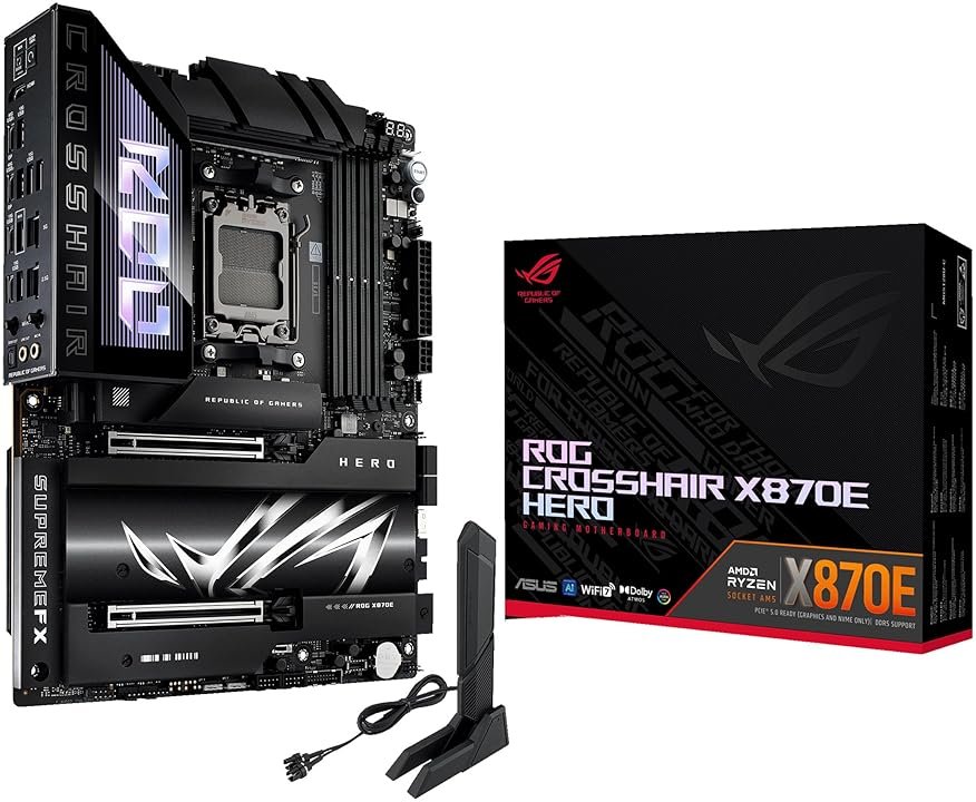ASUS ROG Crosshair X870E Hero AMD X870E AM5 ATX Motherboard, Advanced AI PC Ready, 18+2+2 Power Stages, DDR5, PCIe® 5.0, 5X M.2, Wi-Fi 7, USB4®, AI Overclocking, Core Flex, PCIe Slot Q-Release Slim - Product Image
