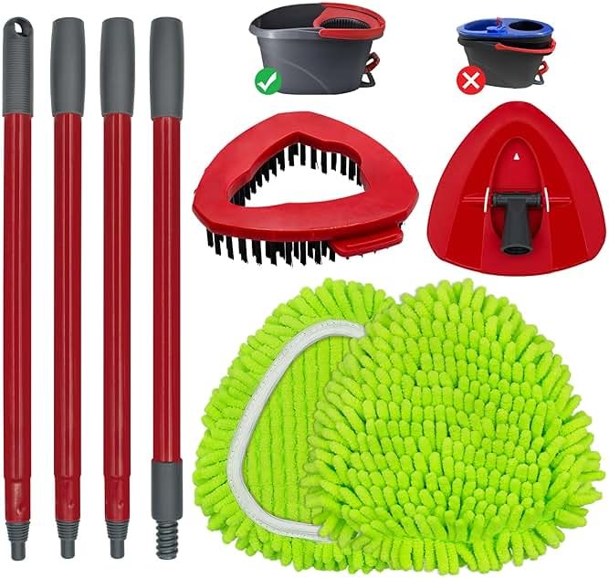 Spin Mop Handle, Mop Replace Heads, Scrubber Head and Base Replacement for O-Cedar EasyWring 1 Tank System, 2 Microfiber Mops Heads Replacements and 1 Scrub Brush, Use for Wet/Dry Hard Floor Cleaning - Product Image