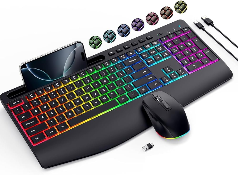 Wireless Keyboard and Mouse Combo- VEILZOR 2.4G Rechargeable Keyboard with Phone Holder, Ergonomic Wrist Rest, 9 RGB Backlit Effects, Silent Keyboard Mouse Set for Windows, Laptop, PC - Product Image