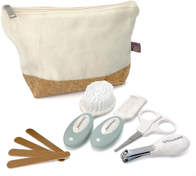 Dreambaby Neat and Tidy 9pc Baby Grooming Kit with Wheatgrass, Baby Hair Brush and Comb Set, Baby Essentials Baby Travel Essential in Cotton and Cork Bag, Eco Conscious Design - Product Image