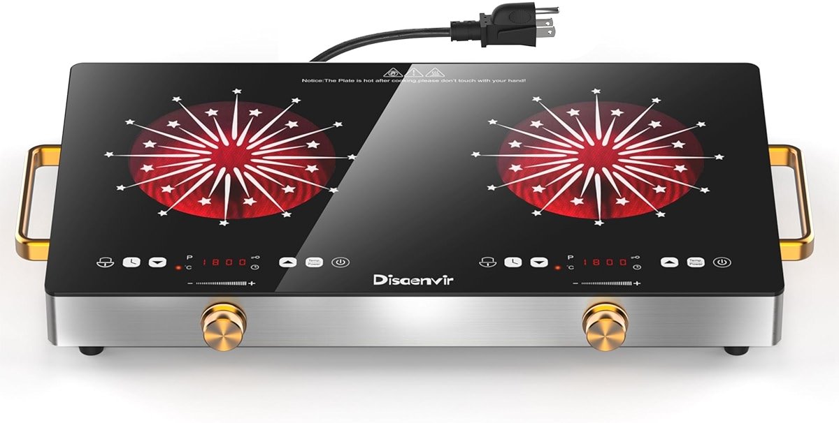 Disaenvir 2 Burner Electric Cooktop 110V - 24 Inch(22.2"x 13.07") Countertop Electric Stove with Handles 2000W, Two Burner Ceramic Burner with Touch and Knob Control, Timer, Safety Lock, 120V Plug in - Product Image