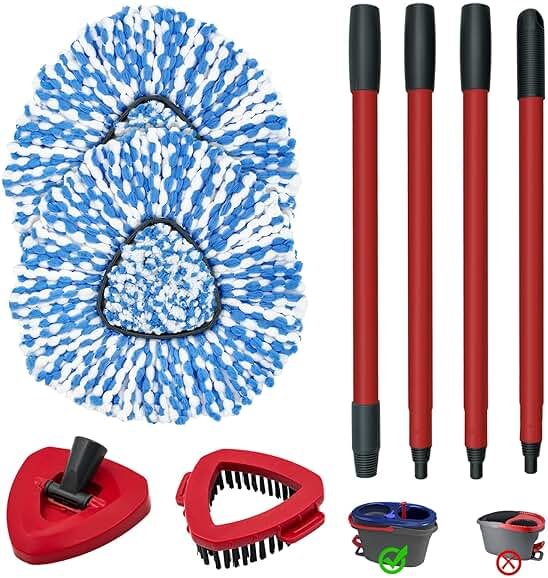 Spin Mop Handle, Mop Heads Replacements,Scrubber Brush and Mop Base Compatible with Ocedar RinseClean 2-Tank System, Mop Handle and Head Replacement Combo Set for Wet Dry Use Floor Cleaning - Product Image