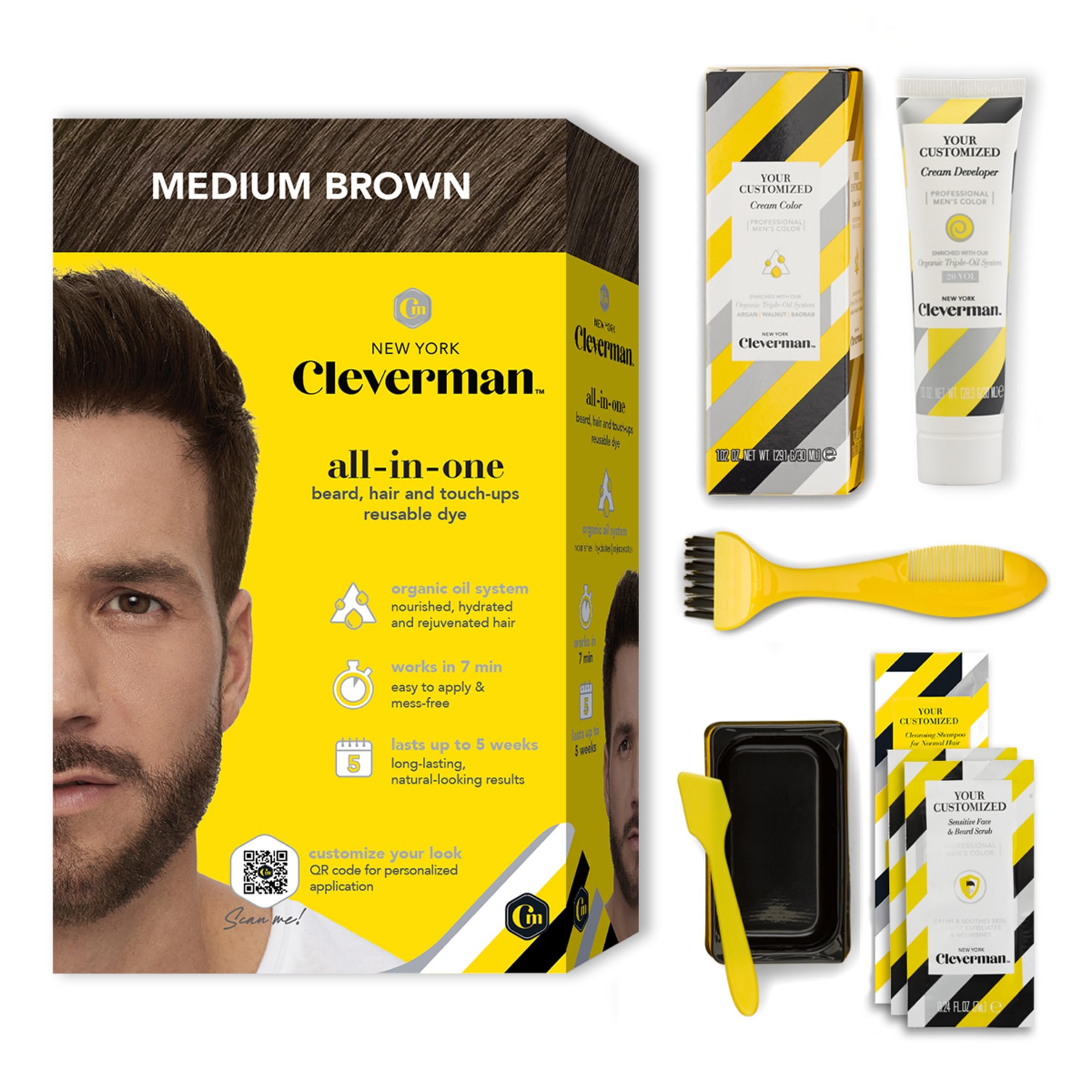 Reusable Hair & Beard Dye for Men – Medium Brown | Up to 5 Uses, 7 Minutes | Natural Gray Coverage, No-Drip Cream with SkinArmour – Cleverman - Product Image
