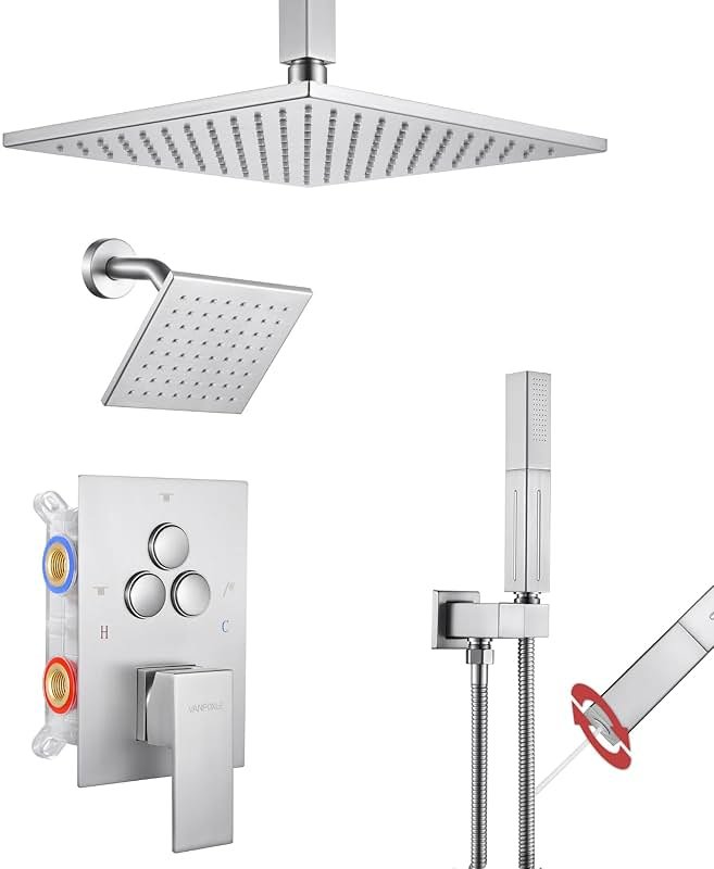 VANFOXLE Shower Faucet Set Brushed Nickel Shower System, Push Button Diverter Shower Faucet with Trim Kit, Ceiling Mount 10 Inch Shower Head Increased Thick, 6 Inch Side Shower Head, 2-in-1 Handheld - Product Image