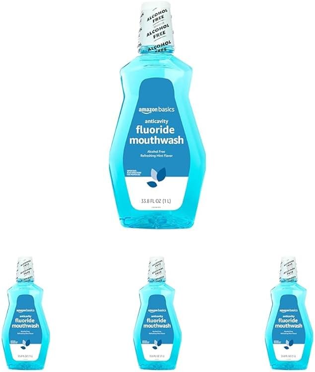 Amazon Basics Anticavity Fluoride Mouthwash, Alcohol Free, Refreshing Mint, 1 Liter, 4-Pack - Product Image